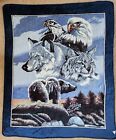 Queen Size Blanket Sofa Fleece Blue 78" x 94" Bald Eagle Wolf Bear Korea Made 
