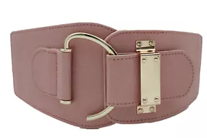 Women Hook Metal Buckle Elastic Faux Leather Waistband Belt Light Pink Size S M - Picture 1 of 12