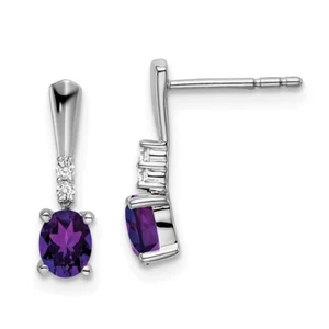 14mm 14k White Gold Oval Amethyst and Diamond Dangle Earrings - Picture 1 of 4