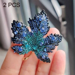 2PCS Blue Crystal Maple Leaf Brooch Pin Women Clothing Collar Corsage Jewelry - Picture 1 of 8