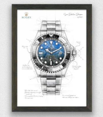 Rolex Sea Dweller watch technical drawing illustration artwork - Print