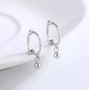Women 925 Sterling Silver Dangle Ball Small Huggie Hoop Earrings 12mm E8 - Picture 1 of 8