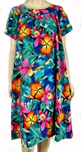 Vintage Hilo Hattie MuuMuu Knee Dress Vivid Cotton Tropical Petal Sleeve L - Picture 1 of 5