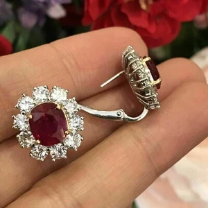 3Ct Oval Lab Created Red Ruby Diamond Halo Stud Earrings 14K White Gold Plated