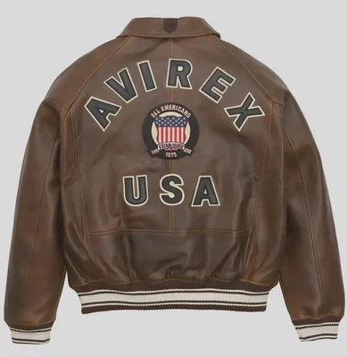Men's Avirex Brown USA Icon Bomber Motorbike Jacket Real Cowhide Leather Jacket - Image 1 of 4