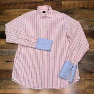 Hugo Boss Dress Shirt Mens Large 41/42 Pink Striped Button Up French Cuff - Picture 1 of 14