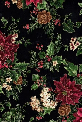 Poinsettas on Black Christmas Print Cotton Fabric by Joan Bessmore 2 Yards - Image 1 of 2