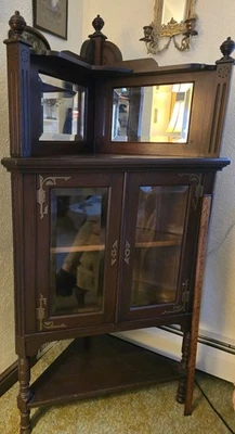 Unique Victorian Style Antique Corner Cabinet Glass and Mirror with Shelves - Image 1 of 4
