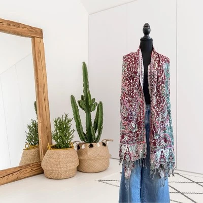 RAJ Paisley Yarn Embroidered Knit Rectangle Fringe Hem Scarf Teal Burgundy - Image 1 of 4