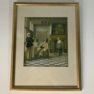Vintage Vermeer Stil gerahmter Druck Innenszene Goldrahmen 42x32cm niederländische Kunst - Bild 1 von 8