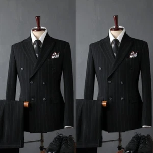 Black Striped Men's Suits Peak Lapel Double Breasted Wedding Groom Tuxedo 2Pcs - Picture 1 of 10