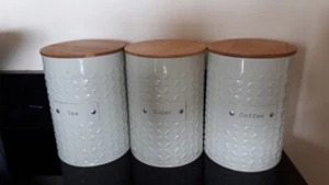 Cream Tea Coffee & Sugar Tin Set With Wood Lid - Picture 1 of 6