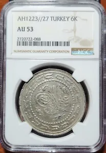 Silver 1223/27 (1834) Turkey Ottoman Empire 6 Kurush | NGC AU53 - Picture 1 of 3