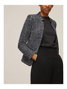 Helene For Denim Wardrobe Faux Leather Notch Collar Tweed Jacket Black XS