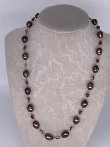 18k White Gold Tahitian Mocha Pearls and Ruby Station Necklace 19" - Picture 1 of 10