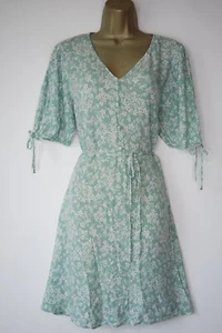 F&F GREEN WHITE FLORAL BUTTON BUST TEA SUN DRESS SIZE 14 SKATER TIE WAIST - Picture 1 of 3