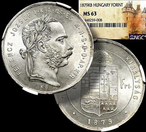 Franz JOESPH I.  King-HUNGARY- Austria, 1879 SILVER 1 Forint MS-63 + COA GGcoins Cover