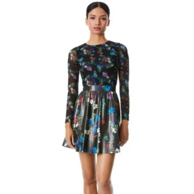 NWT Alice + Olivia Chara Mesh & Vegan Leather Floral Dress, Black - Image 1 of 4