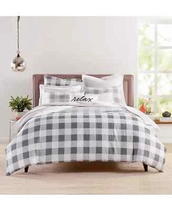 Charter Club Gingham Color Block Cotton Duvet Cover Set Grey & White King $200 - Picture 1 of 7