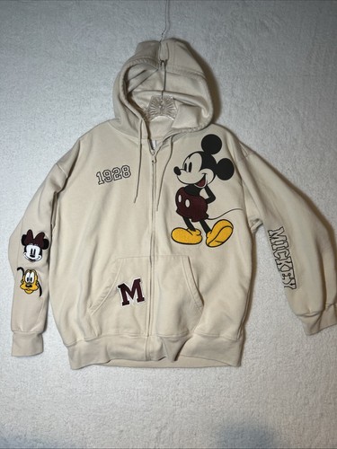 OFF WHITE Disney Topolino Felpa con Cappuccio Donna Taglia XL Avorio Full Zip Patch Texturizzata