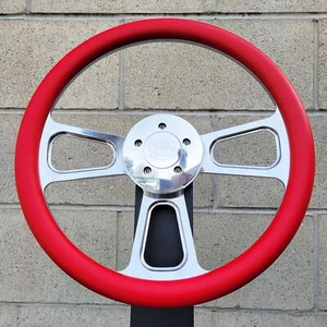 16 Inch Chrome Semi Truck Steering Wheel with Red Vinyl Grip - 5 Hole - Picture 1 of 6