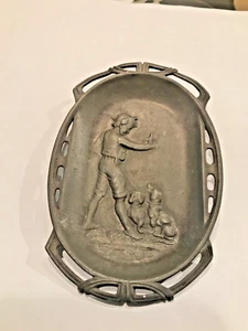 Antique German pin/jewelry dish, c.1900. silver/silver plate. Boy, bird, 2 dogs - Picture 1 of 8