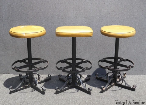 Set of Three Vintage Iron Spanish Style Yellow Bar Stools Mid Century Modern Cover