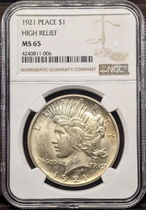 1921 Peace Silver Dollar NGC MS 65 High Relief - Picture 1 of 6