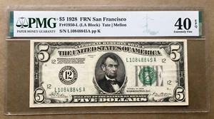 1928 $5 FRN SAN FRANCISCO FR 1950-L PMG 40 EPQ Ser# L 10848845 A - Picture 1 of 3
