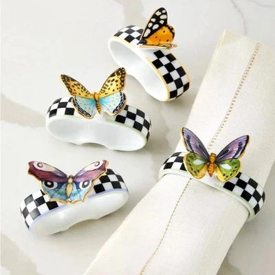 Juego de 4 servilleteros Mackenzie-Childs mariposa toile pintados a mano nuevos en caja Foto 1 de 4