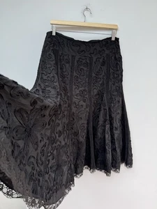 Black Midi Skirt Size 12 Whimsigoth Boho Fairy Lined Y2K Vintage Floral Applique - Picture 1 of 16