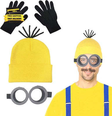 3 PCS Halloween Costume Accessories Adult Yellow Beanie Hat Steampunk Glasses Bl - Image 1 of 4