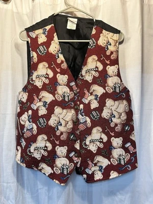 复古 Bobbie Brooks 女式挂毯圣诞泰迪熊背心 XL 码 — 第 1/4 张图片