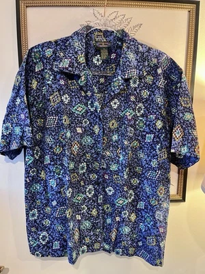 Camisa Vintage Charter Club Jeanne Pierre Azul Geométrica Azteca Retro BOHO Foto 1 de 4