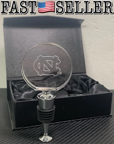 North Carolina Tar Heels Logo Design Glass Round Wine Optic Bottle Stopper - NIB Cover