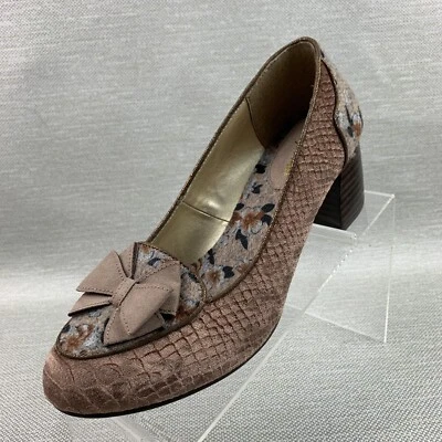 Zapatos de salón Ruby Shoo marrón estampado textil punta redonda lazo bloque tacón talla 8 NUEVO Foto 1 de 4