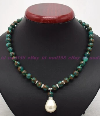 Natural 8mm Green Gems in Quartz with Pyrite Shell Pearl Pendant Necklace 18" - Image 1 of 3