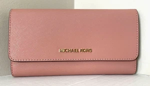 New Michael Kors Jet Set Travel Large Trifold Wallet Leather Sunset Rose - Picture 1 of 4