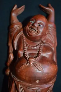 Chinese VTG LG Wood Carving Happy Laughing Buddha Statue Inlayed teeth eyes 8.5" - Picture 1 of 5