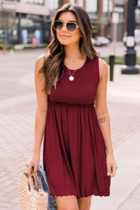 Women's Sleeveless Crewneck Ribbed Knit Dress Ruffle Swing Beach Sun Mini Size L - Picture 1 of 4