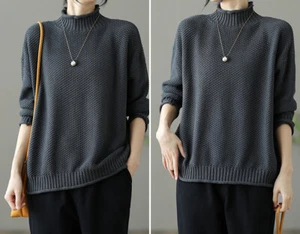 Mujeres Tejido Manga Larga Top Pullover Algodón Lino Suéter Ropa Cuello Tortuga - Imagen 1 de 3