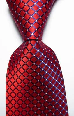 New Classic Checks Red Blue White JACQUARD WOVEN 100% Silk Men's Tie Necktie - Image 1 of 2