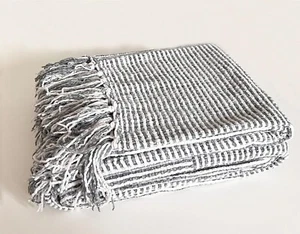 Grey Chenille Woven Striped Throw Blanket with Fringe – 50" x 60" - Picture 1 of 4