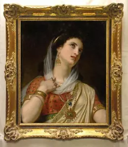 Antiguo arte maestro hecho a mano pintura al óleo antigua niña mujeres sobre lienzo 20"x24" - Imagen 1 de 2