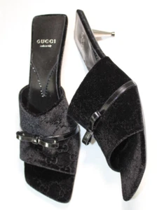 NWB Gucci GG Embossed New Velvet Bow Heels Black Slip Ons Sandals 40.5 764182 - Picture 1 of 9