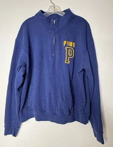 Victorias Secret PINK Blue Sweatshirt Women’s Size L Logo 1/4 Zip Collar Y2K - Picture 1 of 10