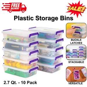 10 Packs 2.7 Qt. Small Plastic Storage Bins With Lids, Stackable Clear/Violet - Picture 1 of 9