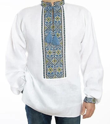 VYSHYVANKA Mens Ukrainian hand cross-stitch Embroidery LINEN white Blue Yellow - Image 1 of 4