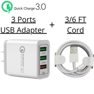 QC 3.0 Fast Charger Wall Power Adapter US Plug USB Cable For iPhone 8 7 6 X iPad - Picture 1 of 17