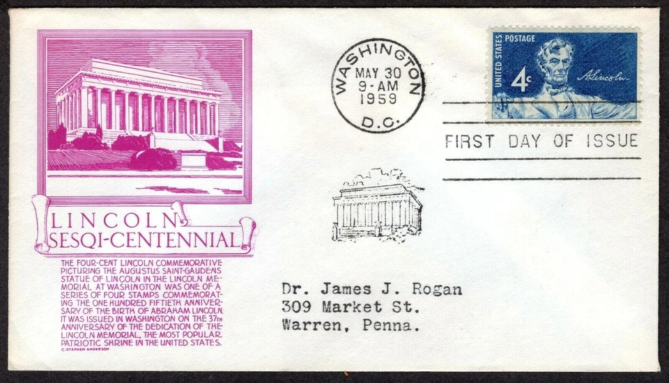 1116 4c Lincoln Sesqi-Cent FDC Anderson maroon cachet May 30,1959  - Image 1 of 1
